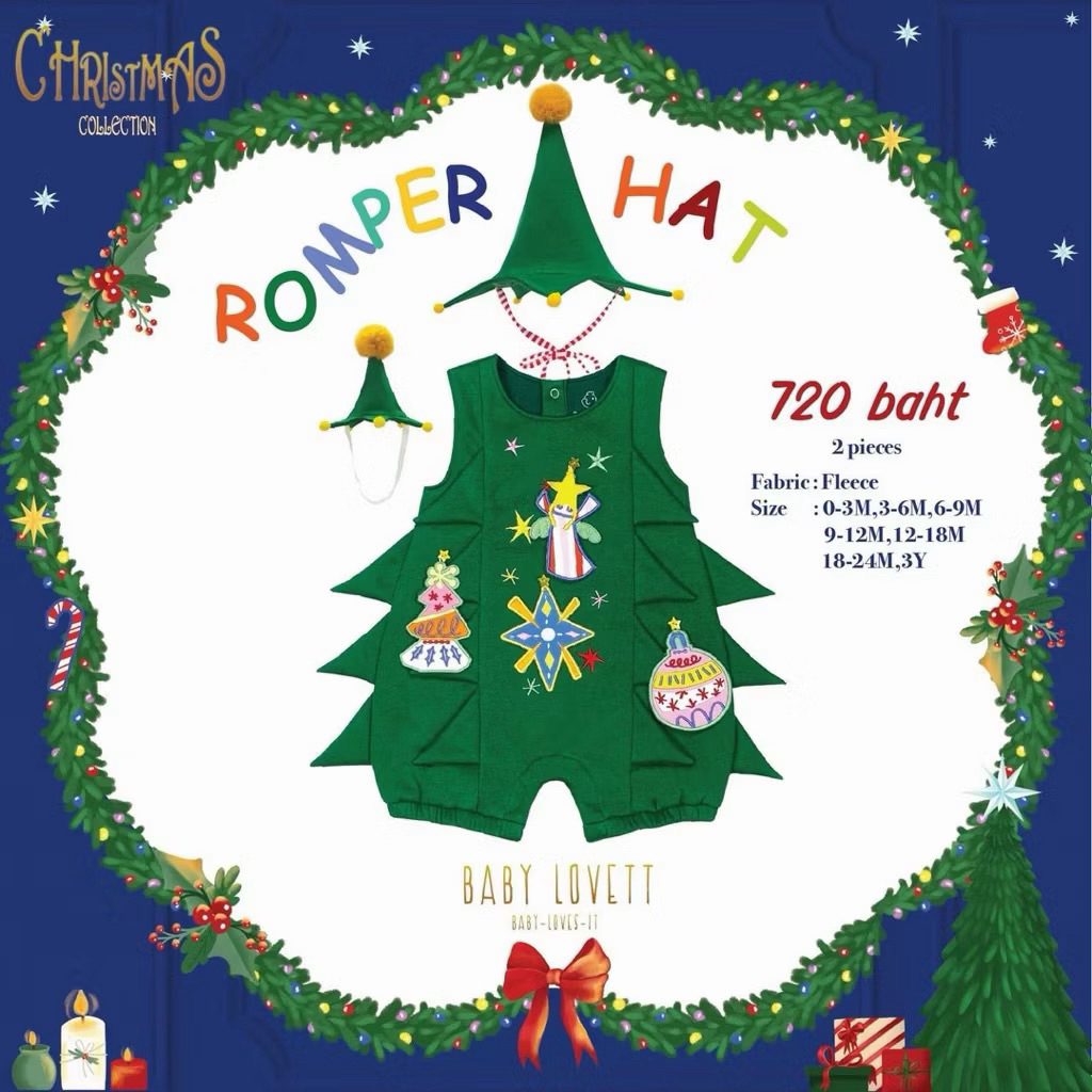 🎄 ส่งต่อ Babylovett Christmas romper size 12-18 & hat ชุดคริสมาสต์เด็ก มีตำหนิขนเขียวติดพู่  • baby 