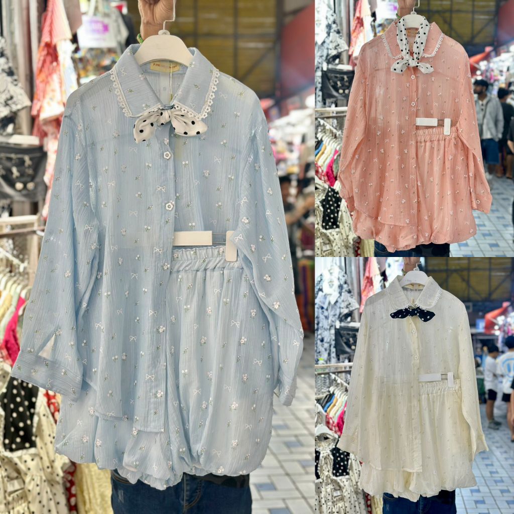 ชุดเซ็ทแฟชั่นสาวอวบ เสื้อแขนยาว+กางเกงขาบอลลูน ผ้าไหมแก้วย่น  เนื้อนิ่ม ทรงสวย