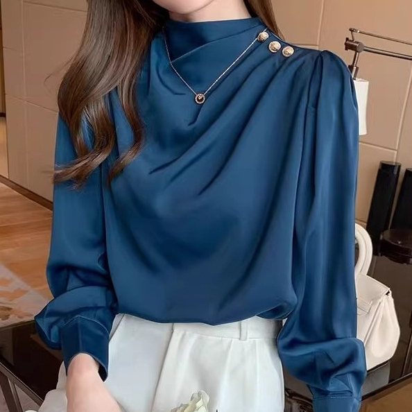 99307  เสื้อเชิ้ตผ้าซาตินอะซิเตทคอตั้ง สไตล์ฝรั่งเศสแบบใหม่ สำหรับผู้หญิง ชุดทำงาน สไตล์ฤดูใบไม้ผลิและฤดูใบไม้ร่วง