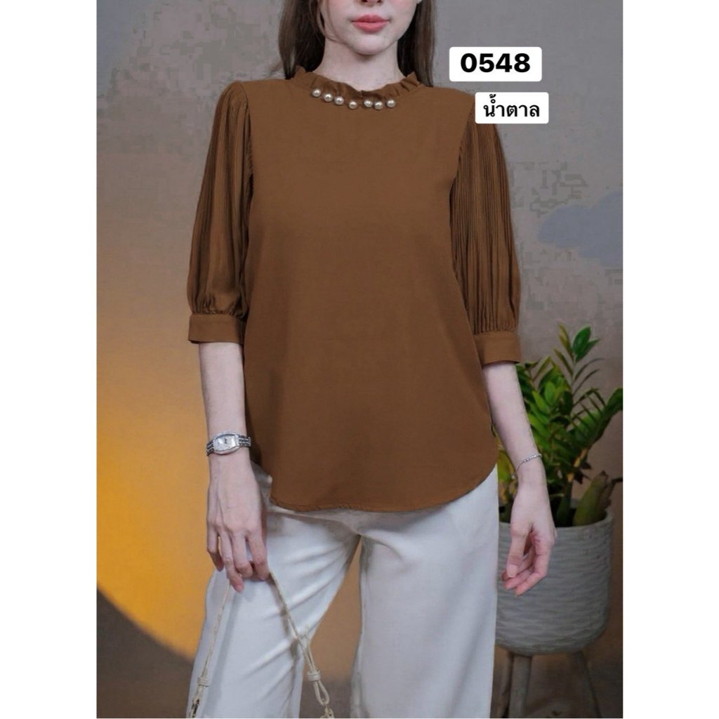 🔥Chanan☘️ 0548 เสื้อชีฟองผสมเกรดดี คอกลมระบายเล็กๆแต่งไข่มุก สีพื้นเรียบหรู ใส่ออกงาน ใส่เที่ยว เสื้อผู้หญิง มี7สี - รูปที่ 4