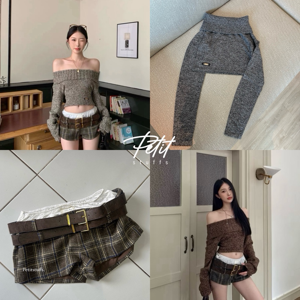 (เสื้อพร้อมส่งทั้ง2สี) | Petitstuffs เสื้อกางเกงสีน้ำตาลเทา #P2411099