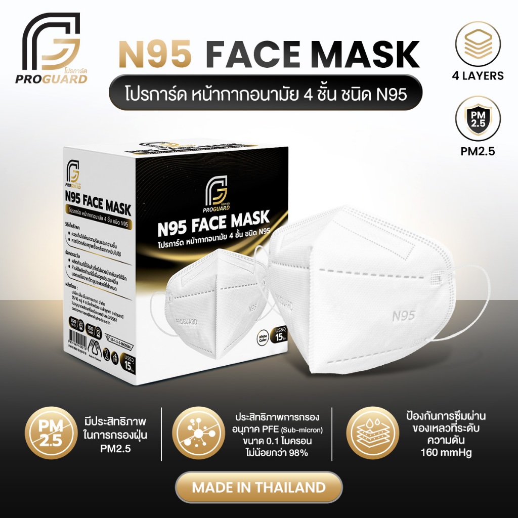 Proguard หน้ากากอนามัย N95 4 ชั้น ชนิดใช้แล้วทิ้ง บรรจุ 15 ชิ้นต่อกล่อง