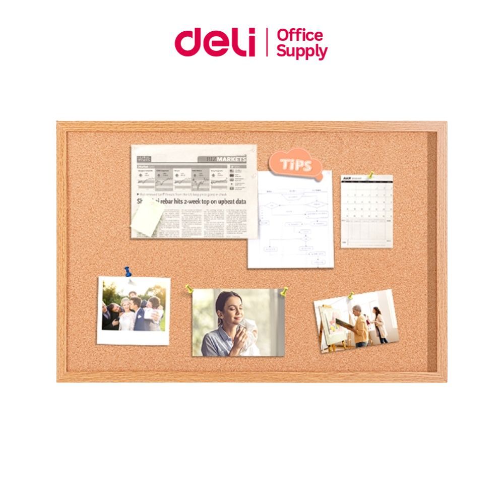 Deli กระดานไม้ก๊อก บอร์ดติดประกาศ แปะรูปโน๊ต 3 ขนาดให้เลือก แข็งแรง ทนทาน Cork Board