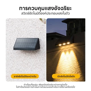 Ofeel【ซื้อ1 แถม1】โคมไฟติดผนัง Solar Light ไฟตกแต่งผนัง 2/3/4/5 LED ไฟโซล่าเซลล์ IP67 ติดบันไดหน้าบ้าน รั้วบ้าน ติดผนัง