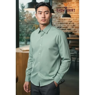 เสื้อเชิ้ตแขนยาว คอปก สีเขียวพาสเทล/สีเขียวอ่อน ผ้าcotton comb twill [S-4XL]
