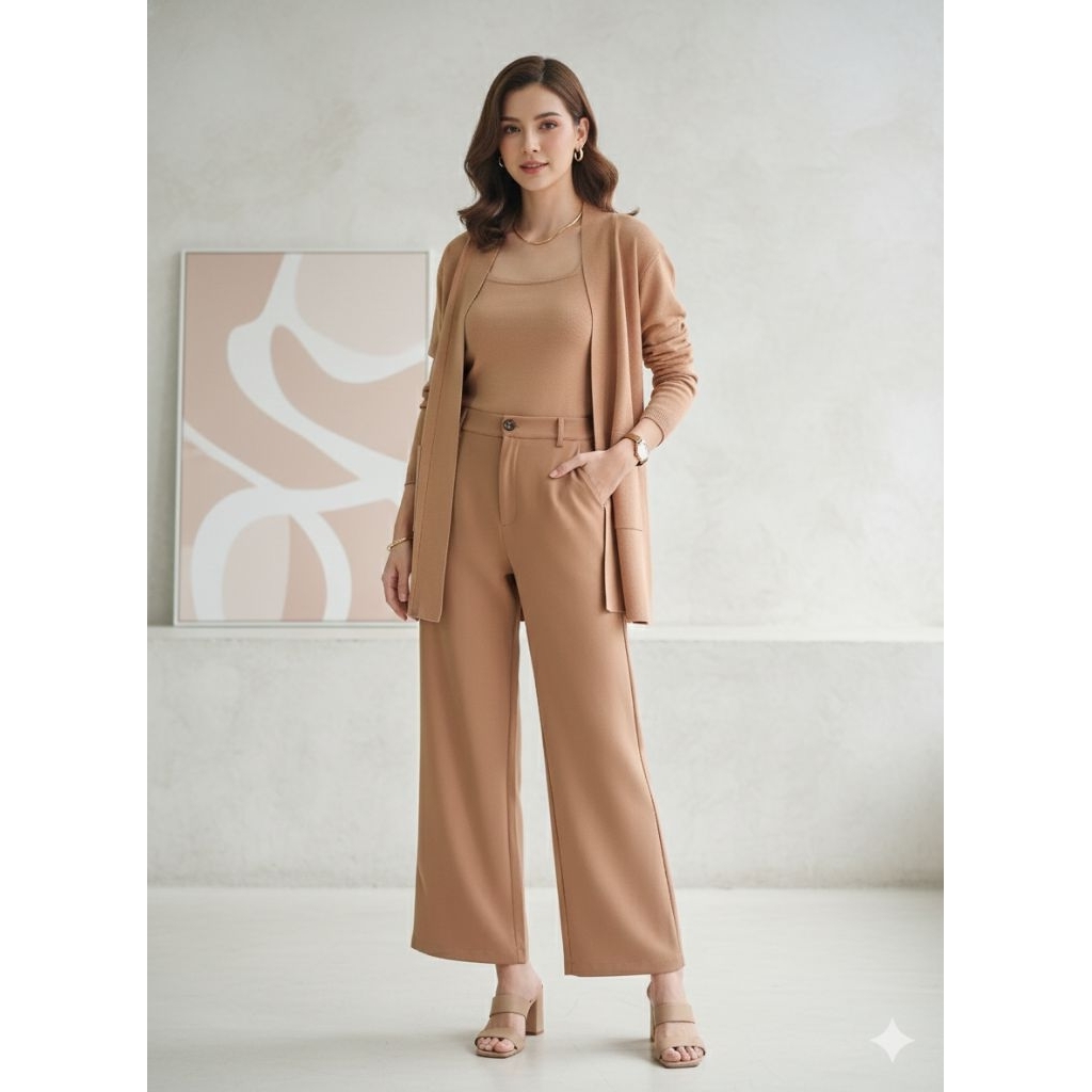 A37ꔛ ꕤ ˚ชุด Set 3 ชิ้น สีชาไทยขับผิว เสื้อ 2 ชิ้นเป็น Nitting กางเกงเป็นผ้าสูทสมอคเอวหลัง ผ้าพรีเมี่ยมมาก แยกใส่ได้ꔛ ꕤ ˚