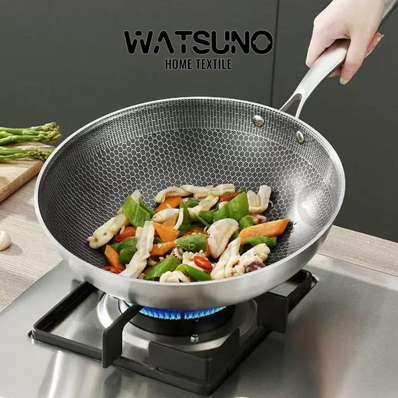 Watsuno.กระทะรังผึ้งสแตนเลส กระทะไม่ติด  (30/32/34/36cm) กระทะ กระทะสแตนเลส ทำความร้อนได้เร็ว กระทะก้นลึก