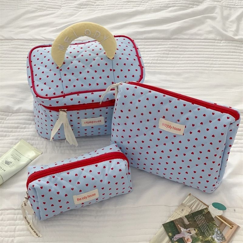 กระเป๋าเครื่องสำอาง อเนกประสงค์ ลายหัวใจ ความจุขนาดใหญ่ สไตล์เกาหลี พกพา กันน้ำ สีหวานละมุน - รูปที่ 2