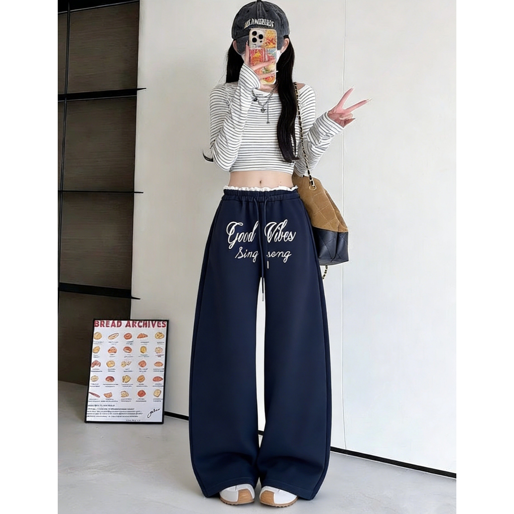 กางเกงขายาว กางเกงลำลอง สไตล์วินเทจ มีเชือกที่เอว กรีนอักษร#J1309 - รูปที่ 3