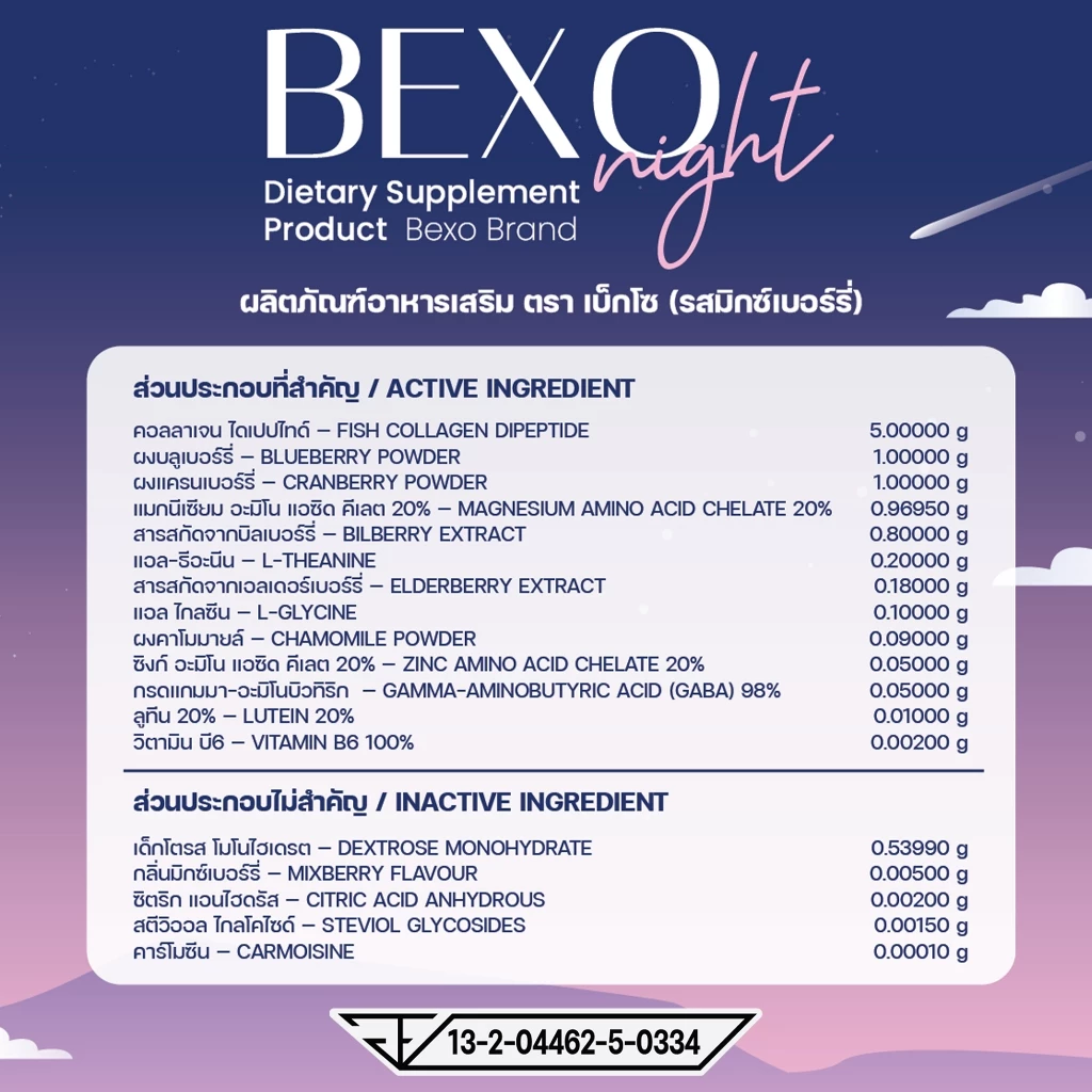 แพ็คคู่ 2 กล่อง! Bexo Night วิตามินชงดื่ม 3in1 บำรุงการนอน สายตา ผิวพรรณ น้ำตาล 0% thumbnail 4