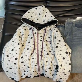 เสื้อฮู้ดสไตล์อเมริกันย้อนยุค ทรงหลวม ลายดาว จับคู่กับเสื้อค…