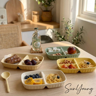 SunYoung จานข้าว 3 ช่อง เซรามิก สีครีม/เหลือง จานคุมอาหาร Di…