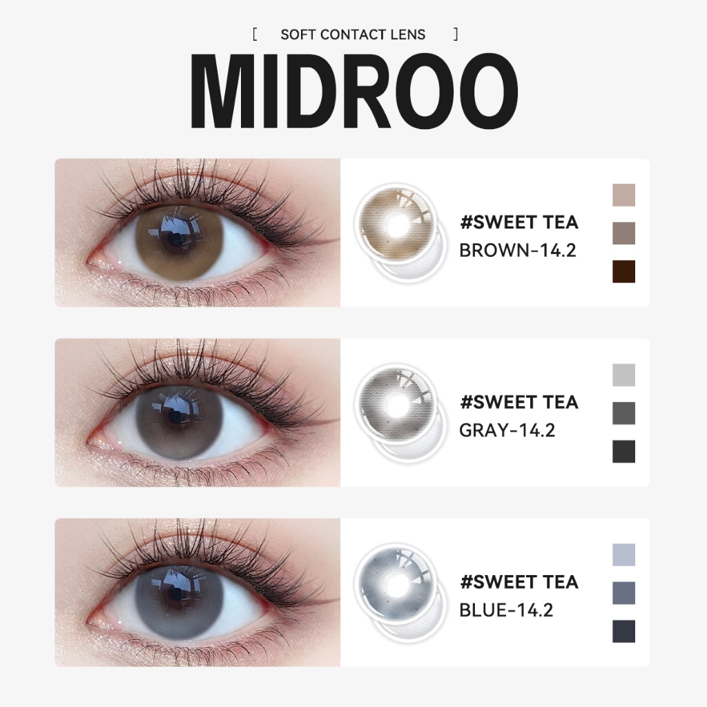 【1คู่ลด฿3, 2คู่ลด฿10】Midroo【✨FDA approved❗】รุ่นธรรมชาติขายดี เหมาะกับหน้าสด เลนส์น่ารักๆ Brown/Blue/Grey-14.2mm Monthly