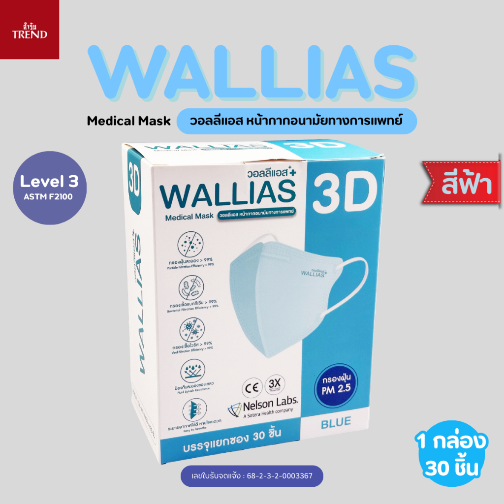 วอลลิแอส Medical Mask วอลลิแแอส หน้ากากอนามัยทางการแพทย์ 3D ( สำหรับผู้ใหญ่ ) กรองเชื้อ Bacteria และ VIRUS ใส่สบายไม่อับ - รูปที่ 4