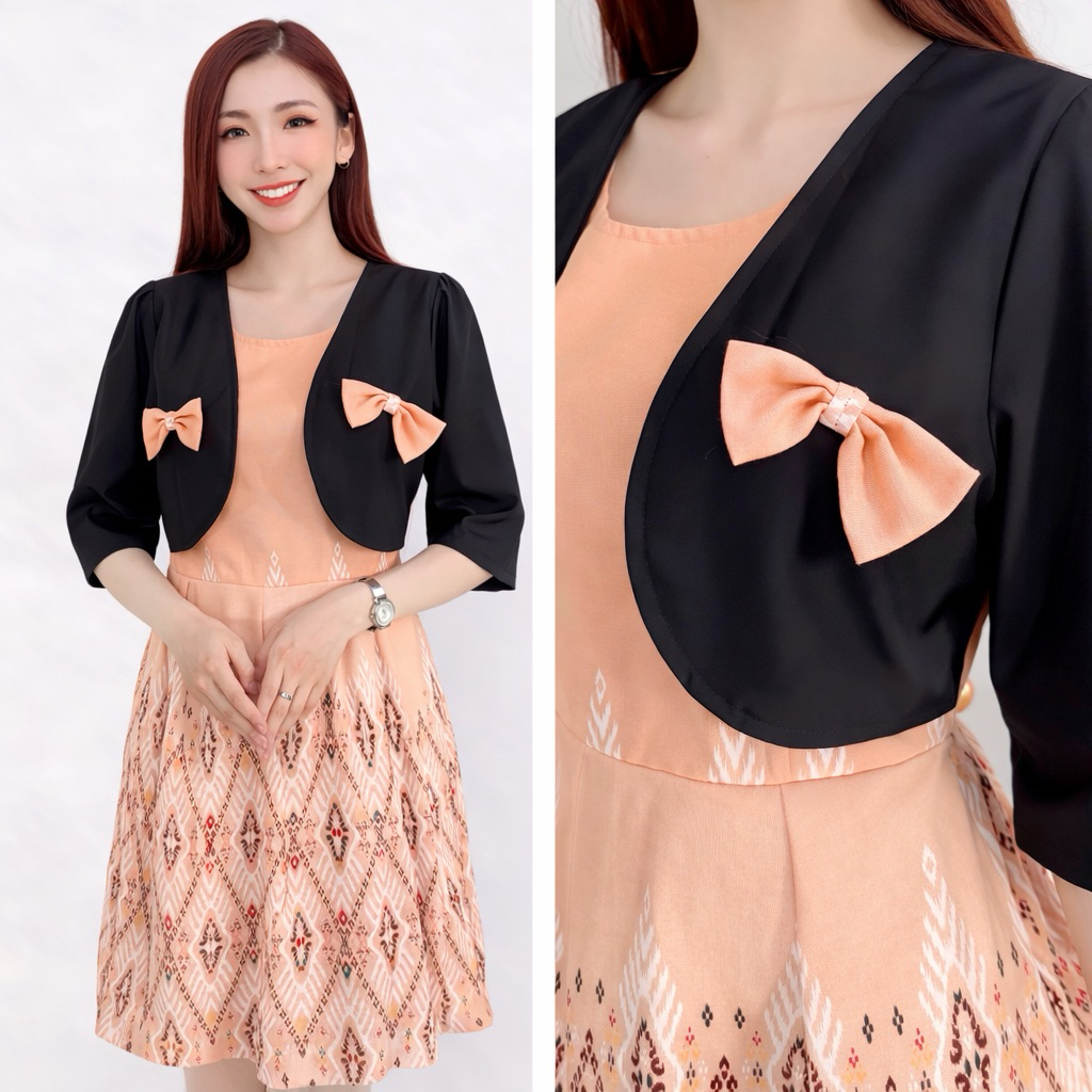 เดรสสีไข่ไก่แต่งเสื้อคลุม เดรส Dress เสื้อผ้าผู้หญิง ชุดทำงานผู้หญิง ชุดทำงานผ้าไทย ชุดผ้าไทย