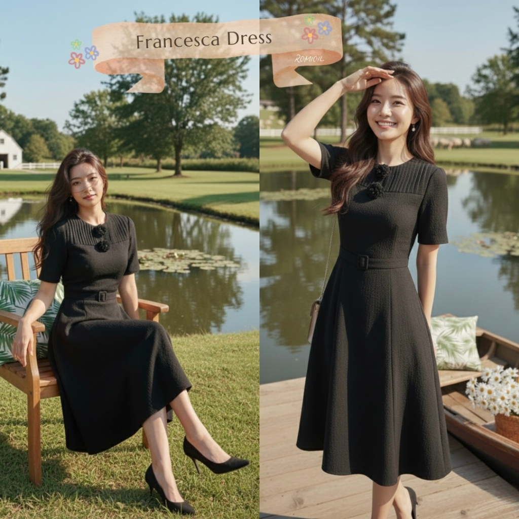 "Romi"Oil" Francesca Dress (black) K376 ชุดเดรสสีดำ (แต่งดอกไม้ที่อกมีเข็มขัด)