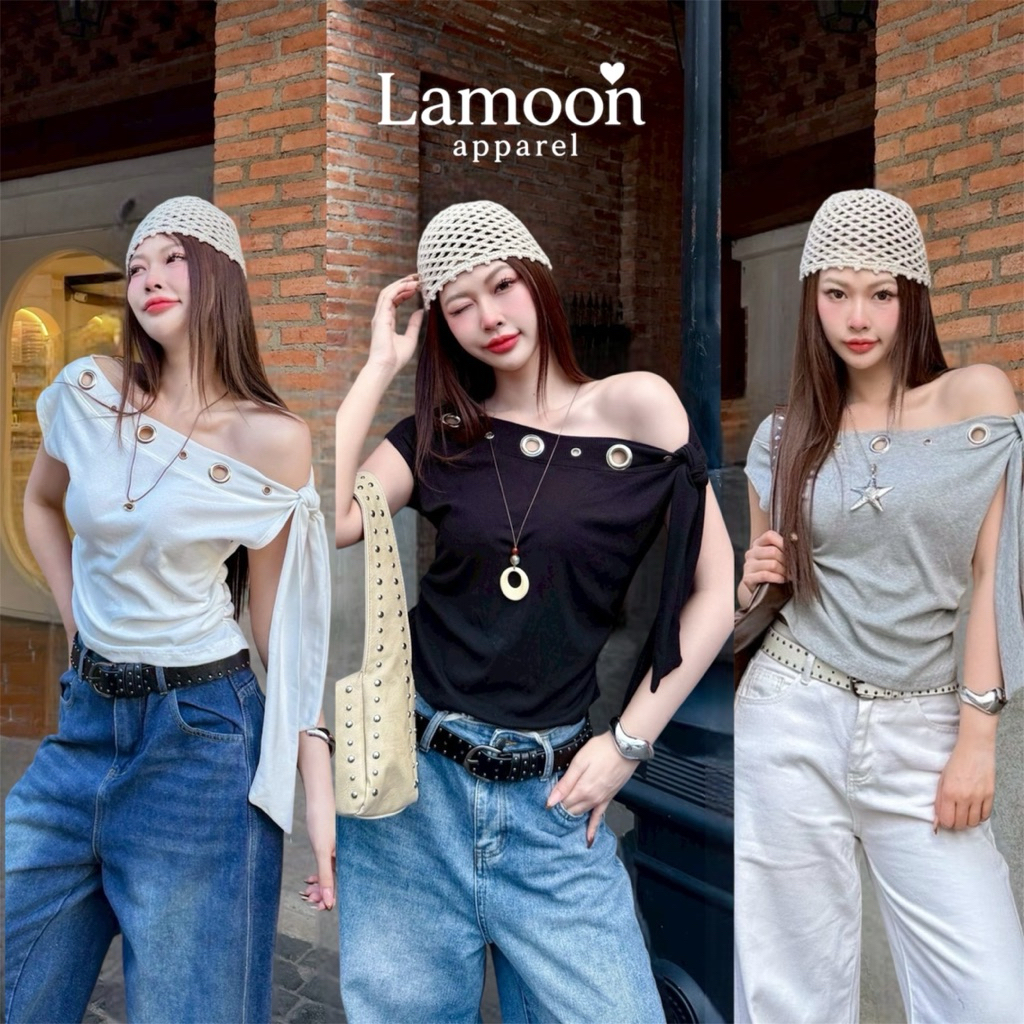Eyelet bow เสื้อคอปาดตาไก่โบว์ไหล่ข้าง