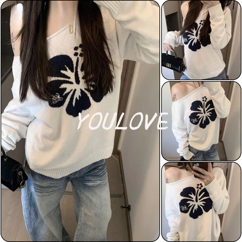พร้อมส่งจากกทม ✨เสื้อถักแขนยาวคอเฉียงสไตล์เกาหลีผู้หญิงหลวมๆ เสื้อถักสวมใส่สบายสไตล์เกาหลีสเวตเชิ้ต