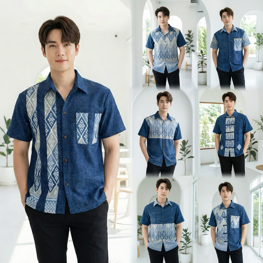 เสื้อพื้นเมืองผู้ชายคอเชิ้ต ผ้าหม้อฮ่อมสโตนทูโทนลายไทยพิกุล