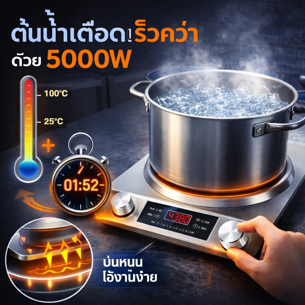 เตาแม่เหล็กไฟฟ้า 5000W ไฟแรง แบบเดี่ยว ปุ่มหมุน หน้าโค้ง ร้อนเร็ว สำหรับหม้อแม่เหล็ก