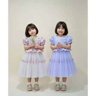 J004 รุ่นจัมปาพาสเทล เดรสเด็กออกงาน เดรสลูกไม้สีพาสเทล ชุดไทยประยุกต์เด็ก สีม่วงพาสเทล 8 ขวบ