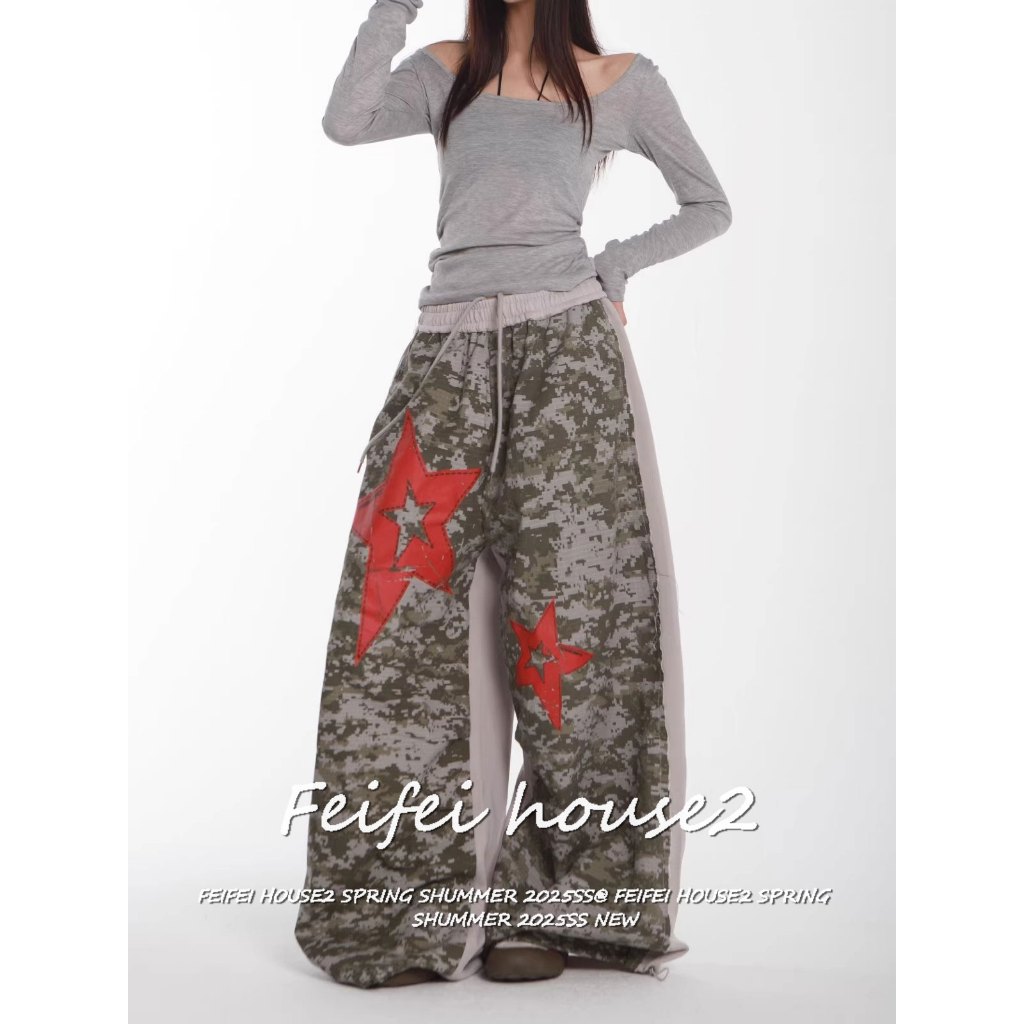 [Camouflage Star Print Trousers]ผู้หญิงสไตล์สตรีทฮิปฮอพิมพ์ลายพรางดาวปกางเกงขายาวเอวสูงทรงกว้าง