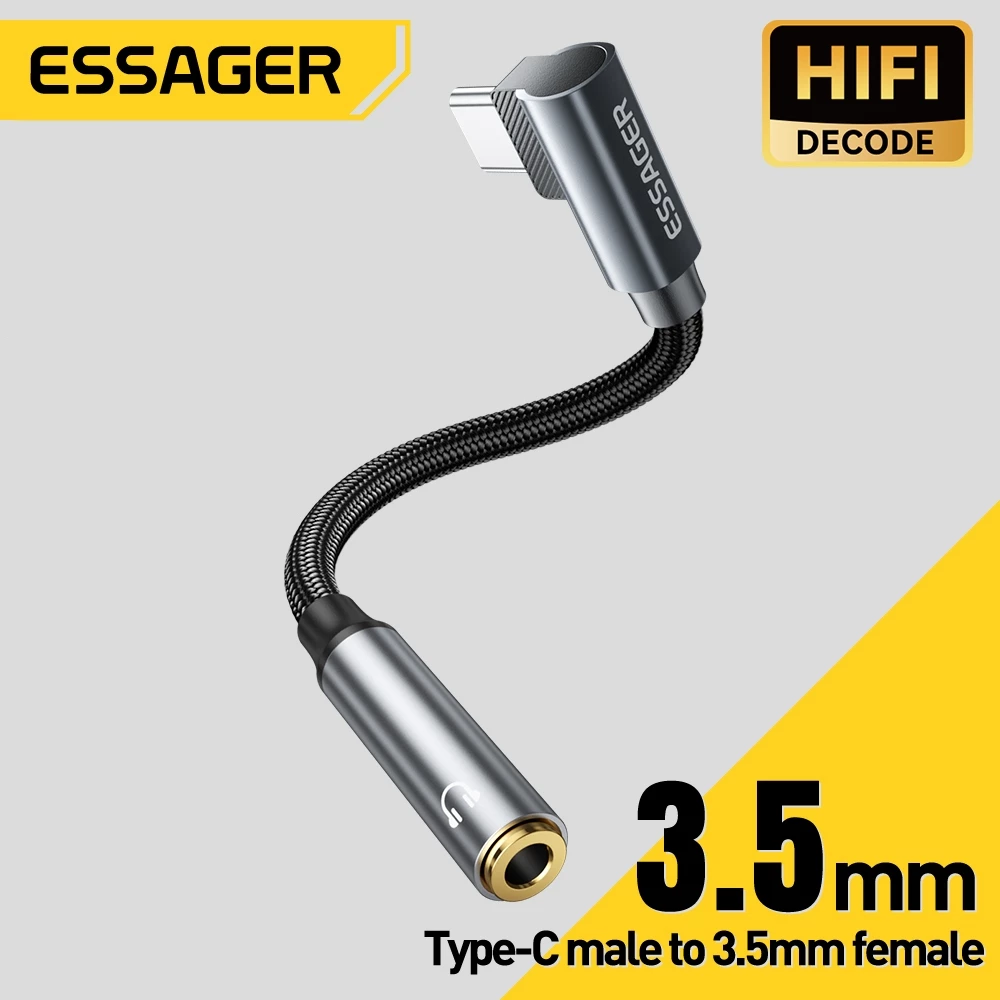 Essager Type-C/L ถึง 3.5 มม สายเคเบิลอะแดปเตอร์เสียงข้อศอก พร้อมชิปในตัว