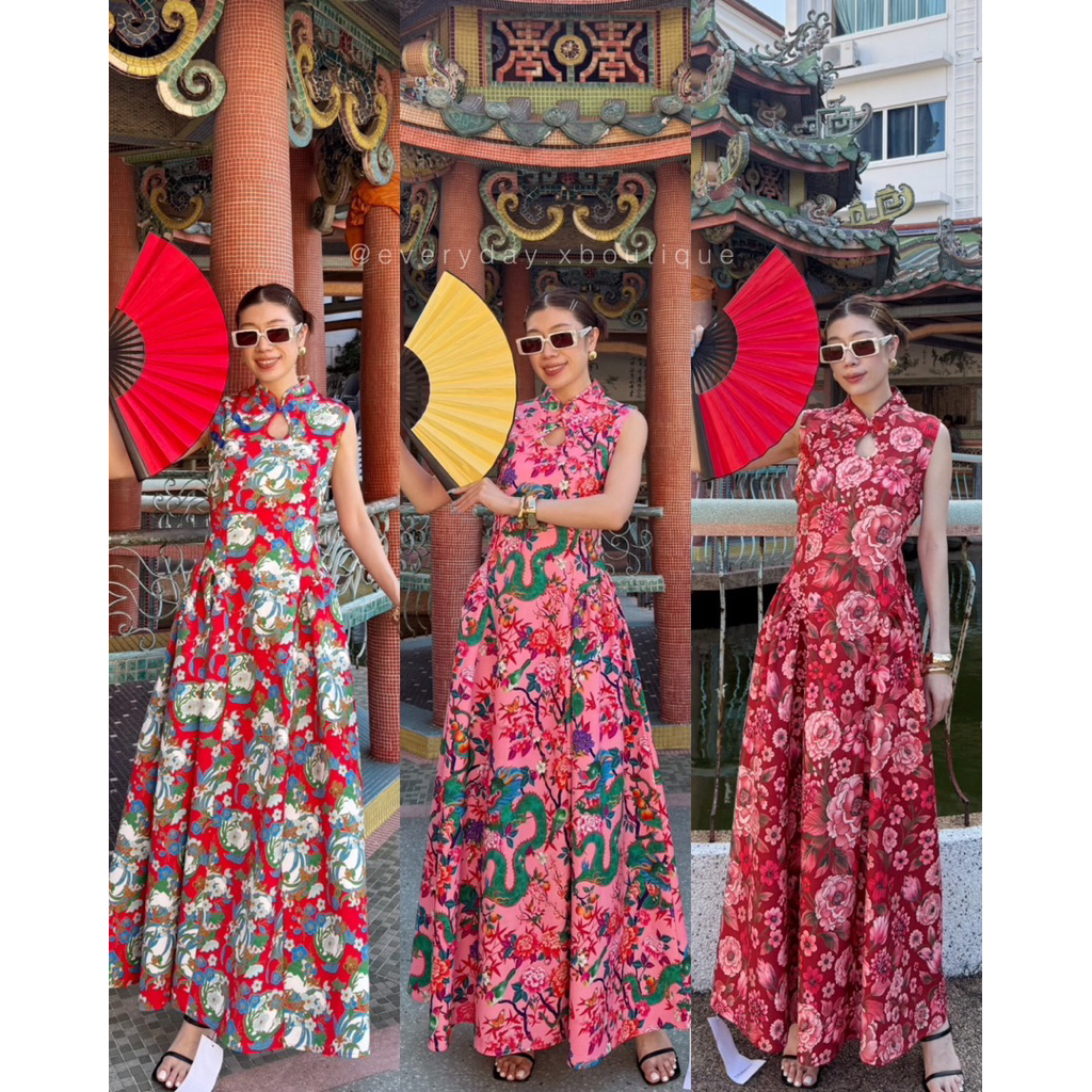 90  CNY MAXI CHINESE DRESS STUDIOX2  (790฿) เดรสตรุษจีน คอจีน เจาะคอหยดน้ำ ดีเทล เย็บจีบข้างสะโพก ทรงแมกซี่ มีเชือกผูก