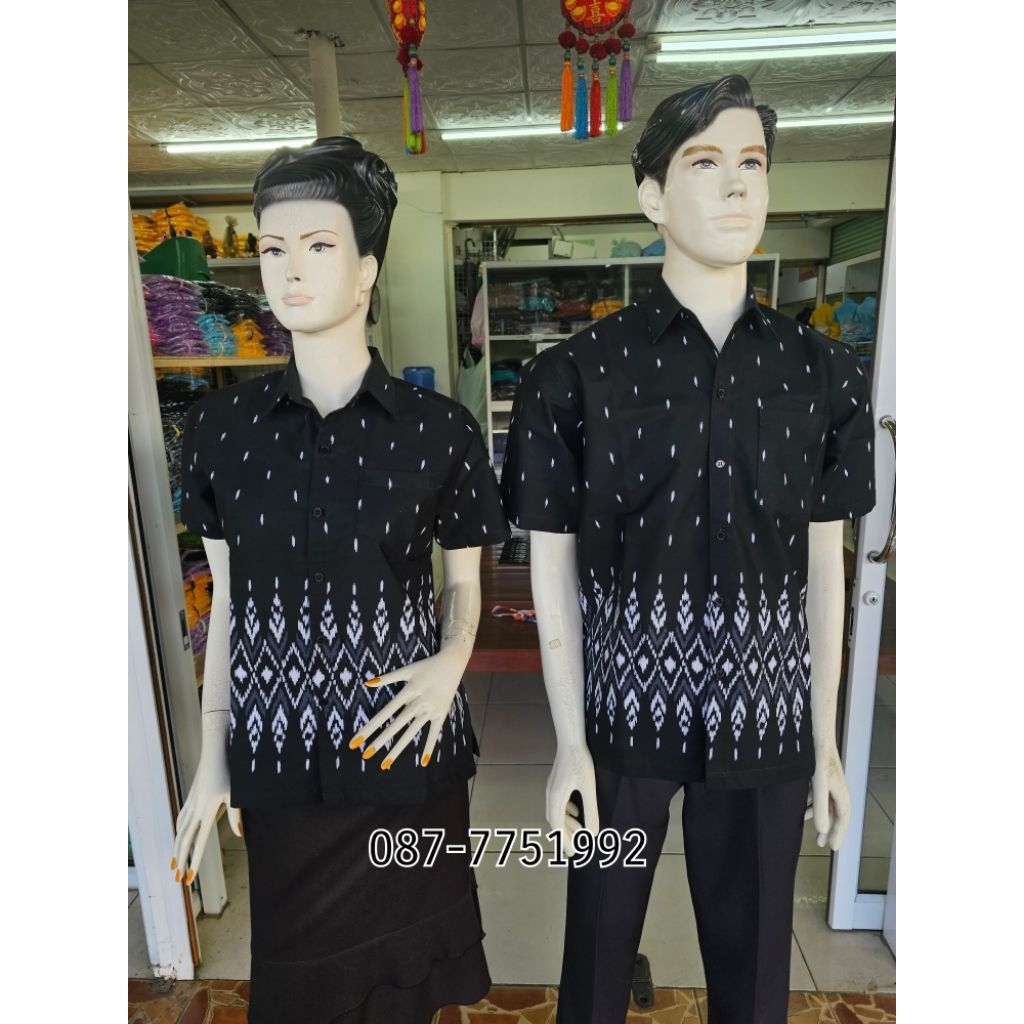 เสื้อเชิ้ตดำลายเชิงมัดหมี่ใหญ่(อัดผ้ากาว)