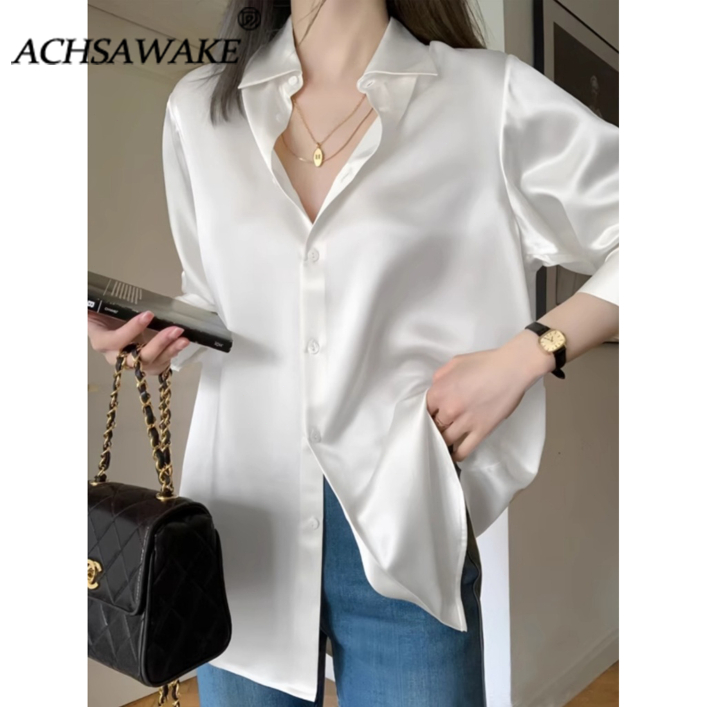 ACHSAWAKE สุภาพสตรีฝรั่งเศสแสงหรูหราซาตินอะซิติกแขนยาวเสื้อพรีเมี่ยมความรู้สึกหลวมไหมเสื้ออารมณ์ด้านบน