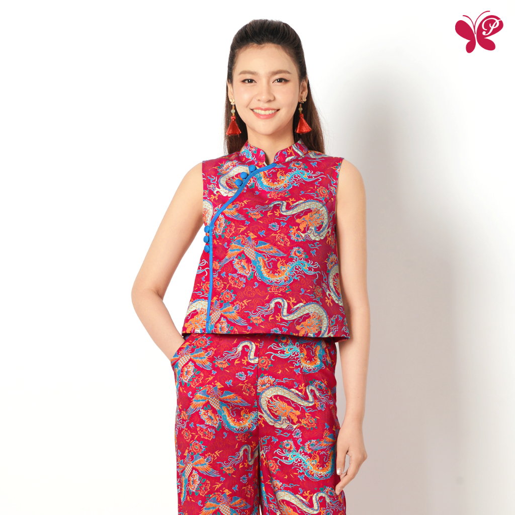 Papillon Woman Mandarin Cropped Top - LONGFENG เสื้อแขนกุดคอจีนทรงครอปสำหรับผู้หญิงลายมังกรหงส์ จากผ้า Cotton 100%