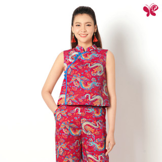 Papillon Woman Mandarin Cropped Top - LONGFENG เสื้อแขนกุดคอ…