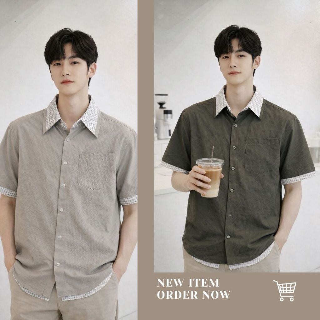 11.WOLF  Corey Shirt เสื้อเชิ๊ตแขนสั้น เสื้อเชิ้ตเกาหลีผู้ชาย เสื้อคอปก/  H311