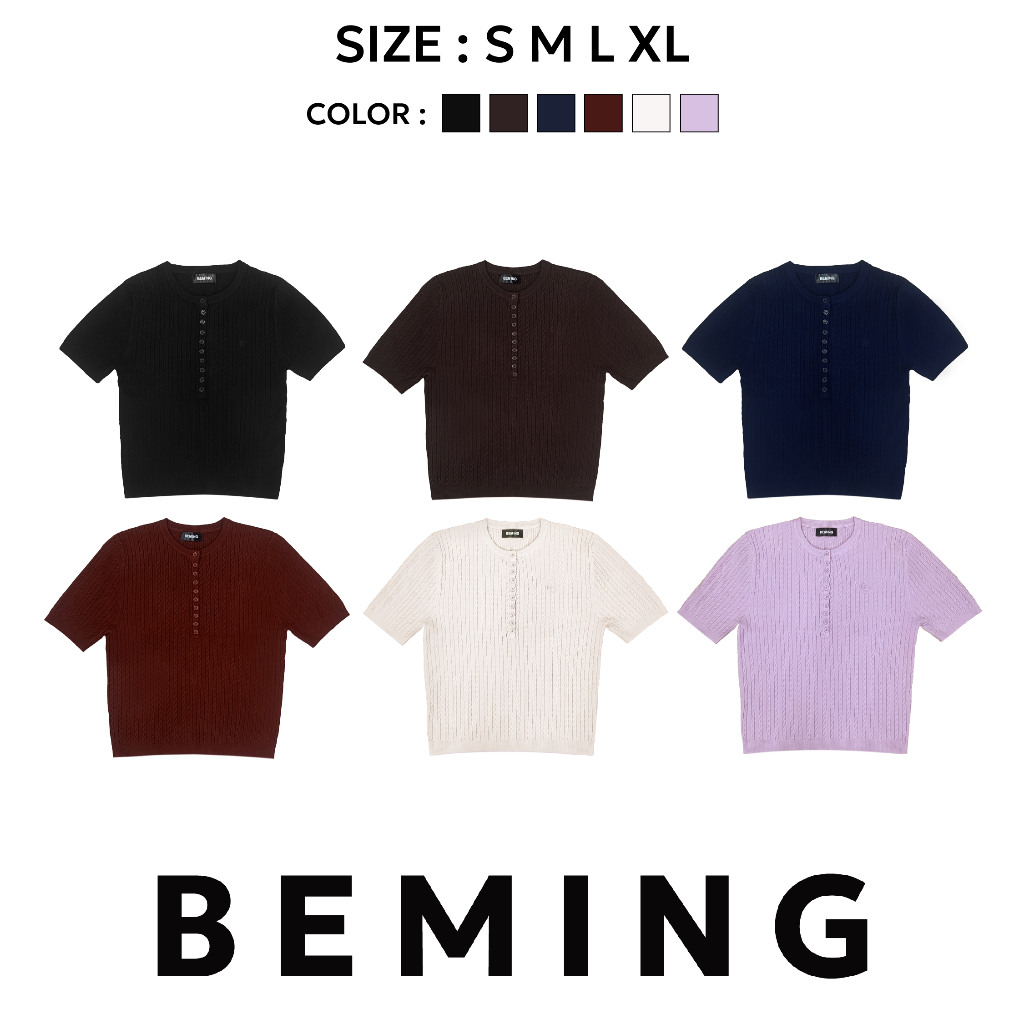 Bemingtop1107(S-XL)-BMG Rib Button Top - เสื้อไหมพรมลายริบ ดีไซน์คอกลมพร้อมกระดุมหน้า ทรงพอดีตัว