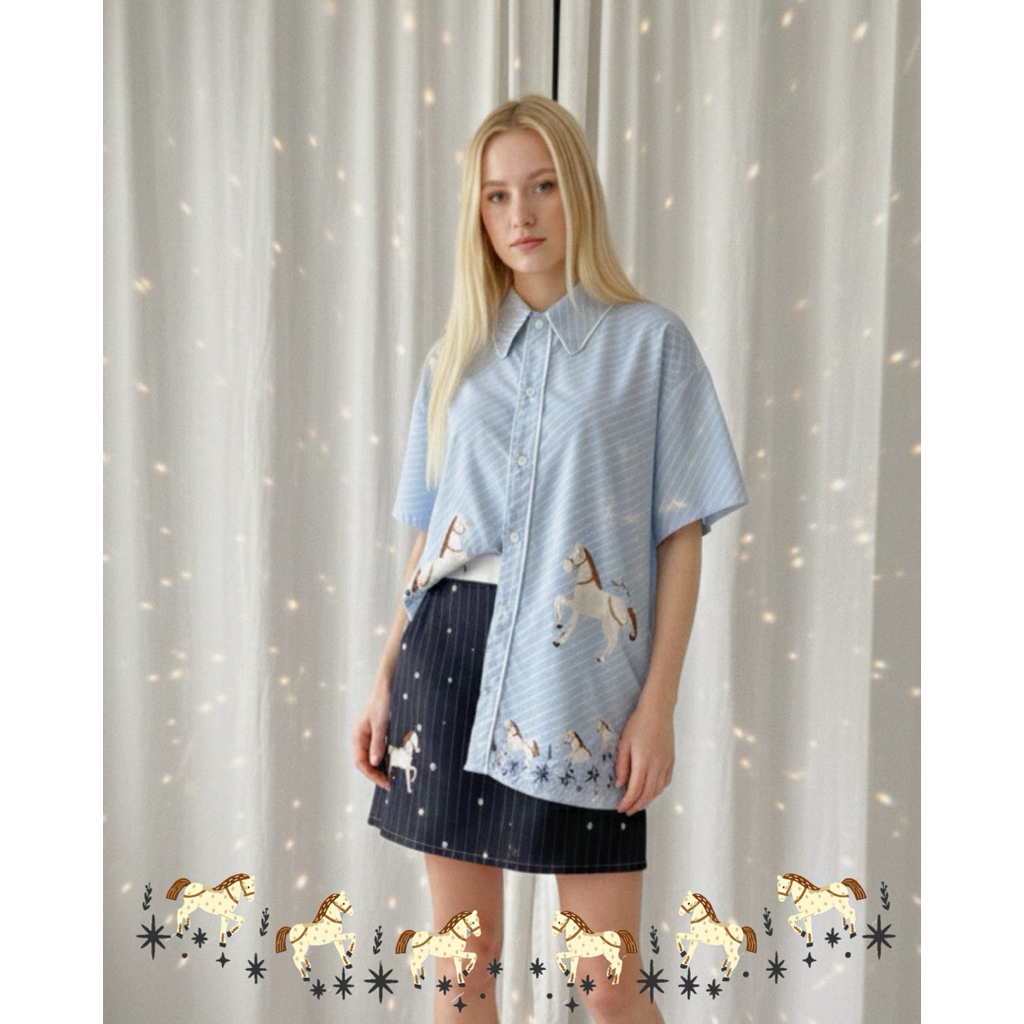 Horse with star เสื้อเชิ้ตสีฟ้าลายม้า ราคา ถูกที่สุด ดีลบีเคเค แกลเลอรีภาพที่ 2