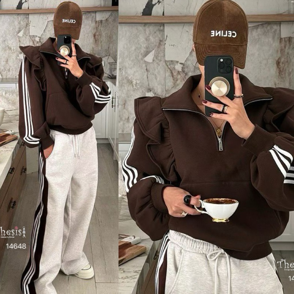 🌈🌿🌸🌼🌺🤎🖤🇰🇷 Cotton Zip Collar Frill Rim Stripe Long Sleeve Top&Long Pant Rim Stripe Set