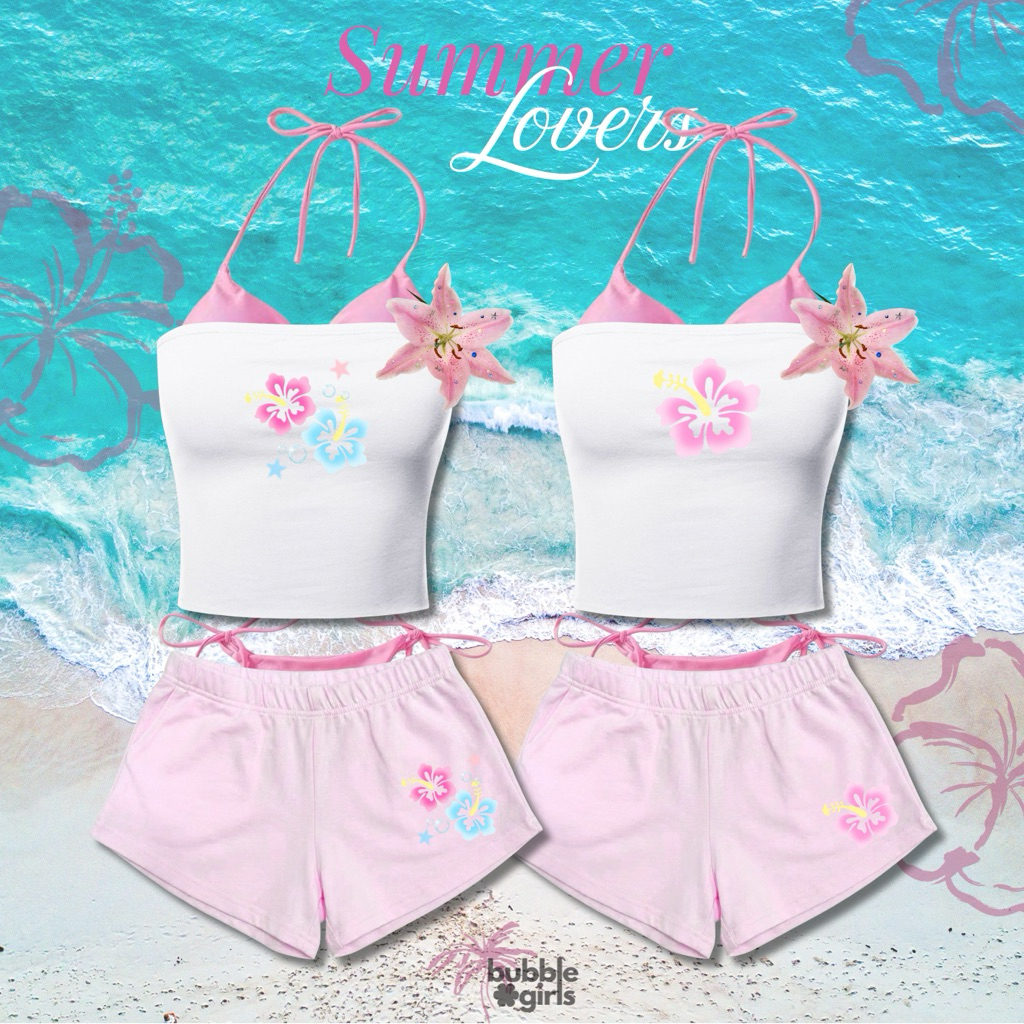 Bubblegirls • Set4ชิ้น เกาะอกขาว+กางเกง+บิกินี(ฟองน้ำ) สกีนลายชบา Hawaii 👙🌺