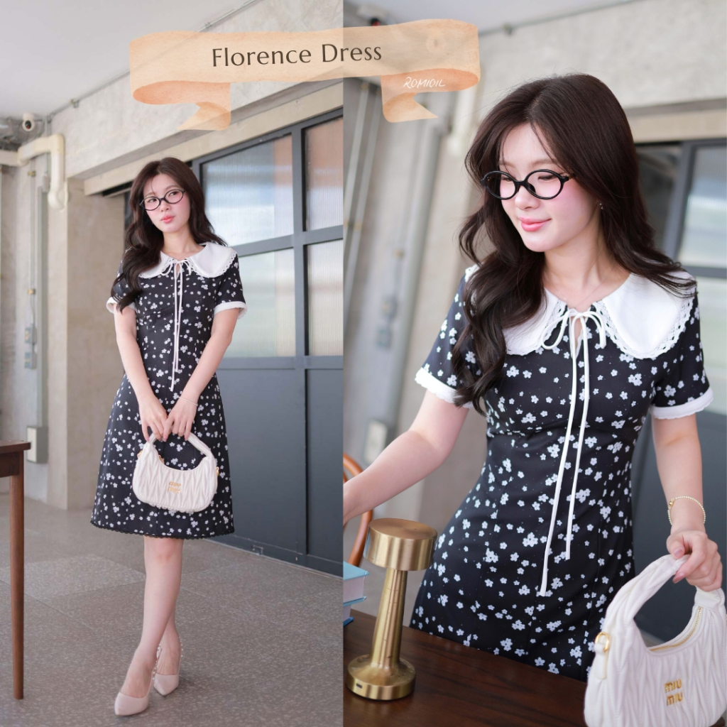 "Romi"Oil" Florence Dress (black) K363 ชุดเดรสลายดอก (คอบัวขอบแขนสีขาวมีเชือกผูกคอ)