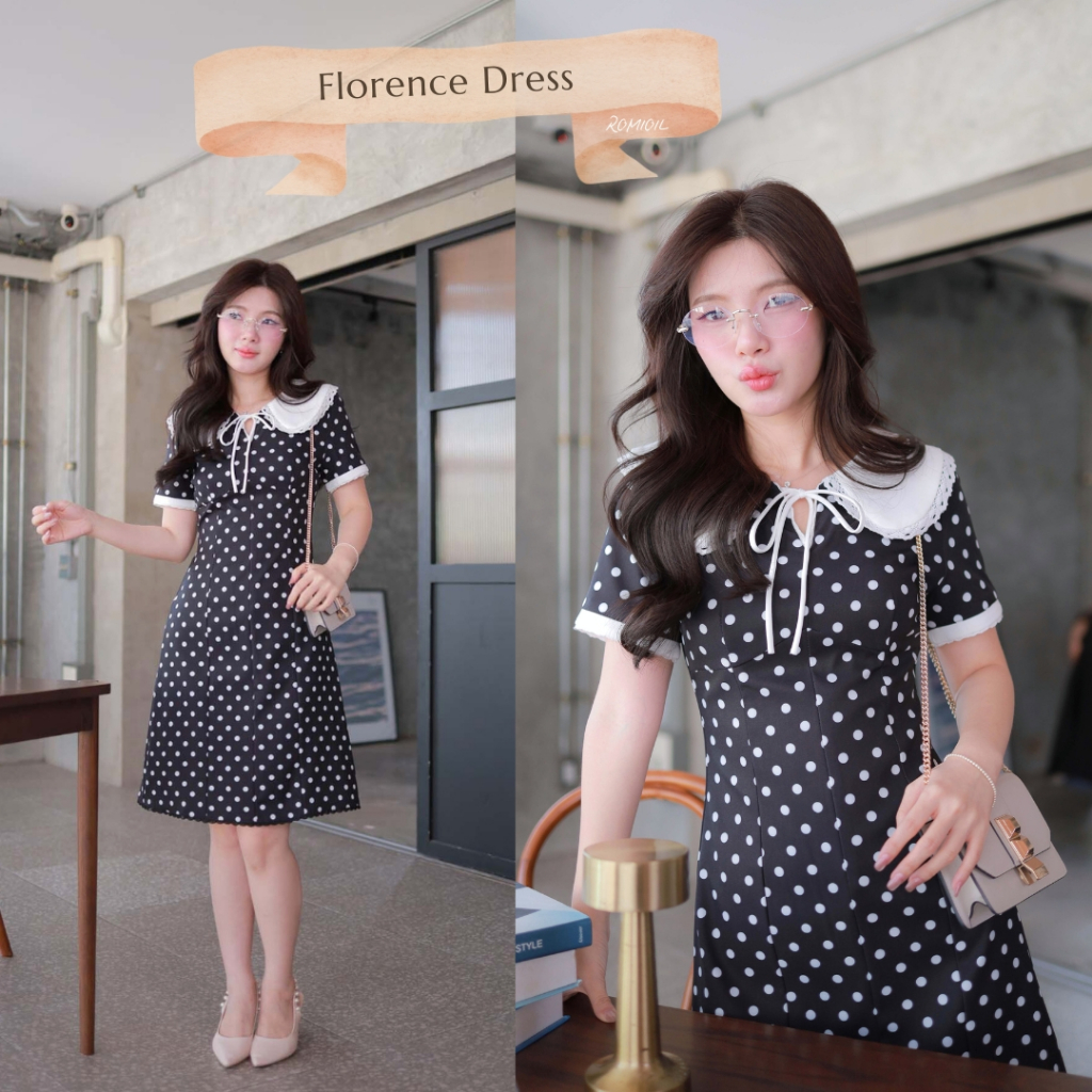 "Romi"Oil" Florence Dress (black) K364 ชุดเดรสลายจุด (คอบัวขอบแขนสีขาวมีเชือกผูกคอ)