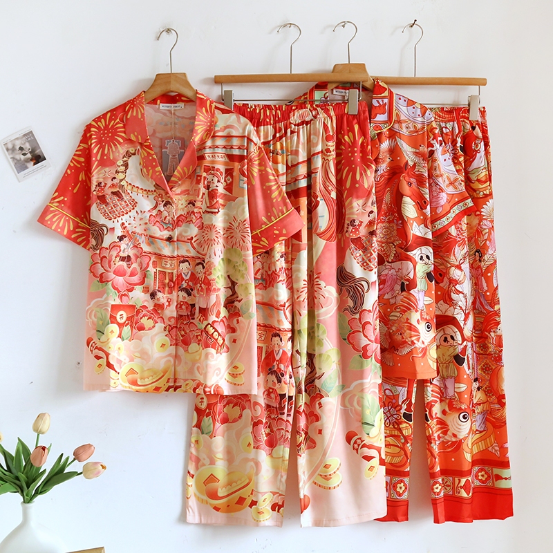 ชุดนอน Muslin Pajamas Silk Satin Collection Chinese New Year 2026 (T2212 T2213) | ชุดนอนชุดเที่ยว