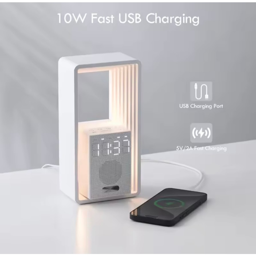 นาฬิกาปลุกจำลองพระอาทิตย์ขึ้นพร้อมลำโพงเสียงไวท์นอยส์ ไฟกลางคืนปรับความสว่างได้ นาฬิกาตั้งโต๊ะสำหรับใช้ในบ้านและห้องนอน - รูปที่ 3