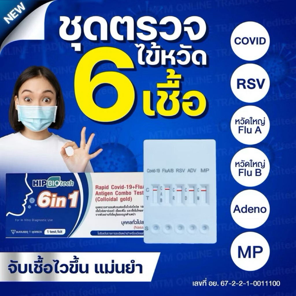 ชุดตรวจโควิด6in1 ตรวจ6โรค Hip Biotech6in1 ATK COVID-19,FluA/B,RSV,ADV,MP Antigen ComboTest Cassette[