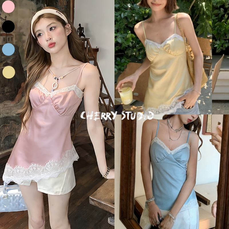 Cherry🦄พร้อมส่ง🌈เสื้อสายเดียวซาตินลูกไม้พรีเมียม ทรงเข้ารูปดีไซน์ผูกหลัง ใส่สบายชายลูกไม้นุ่ม แฟชั่นเซ็กซี่สไตล์ผู้หญิ