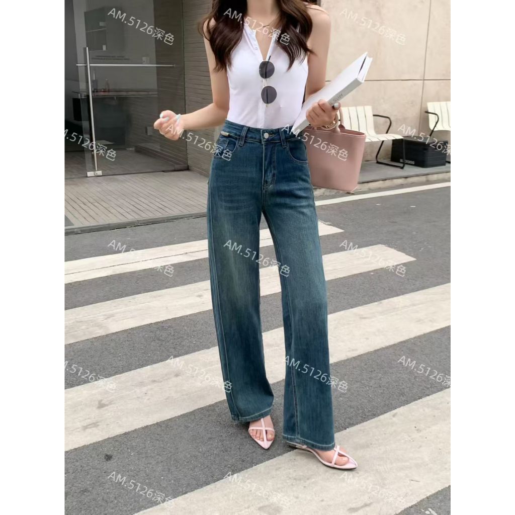Aimi-5126 งานป้าย+ผ้ายืด (S-XL) กางเกงยีนส์ทรงกระบอก ผ้ายืดนิ่มใส่สบาย