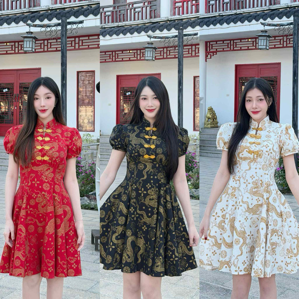 TANTANOD-รหัสCNY7 เดรสผูกคอกระโปรงบาน6จีบ แขนตุ๊กตา แต่งกระดุมจีน