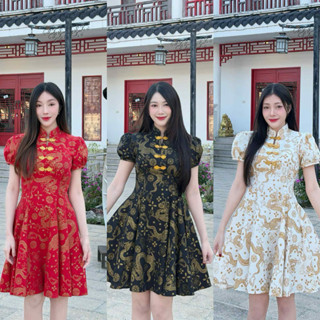 TANTANOD-รหัสCNY7 เดรสผูกคอกระโปรงบาน6จีบ แขนตุ๊กตา แต่งกระด…