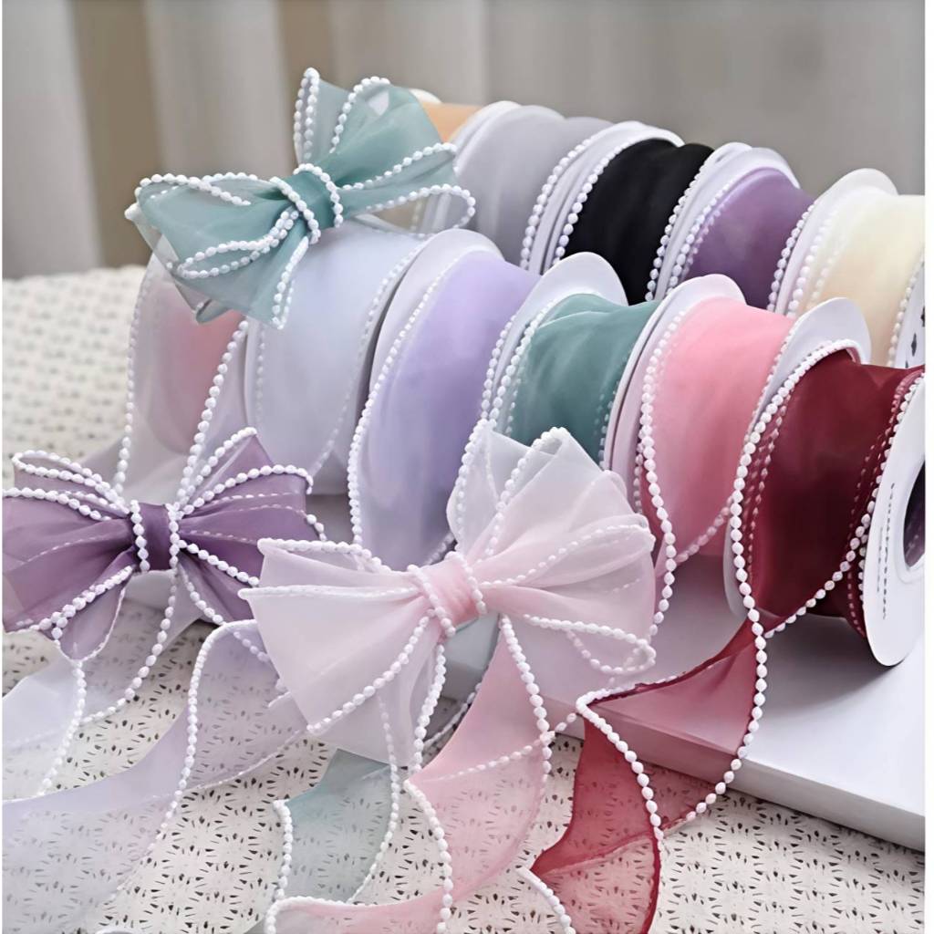 ริบบิ้นผ้าโปร่งขอบลูกปัด ริบบิ้นสำหรับช่อดอกไม้ ขนาด 5 หลา/ม้วน รุ่น 4507