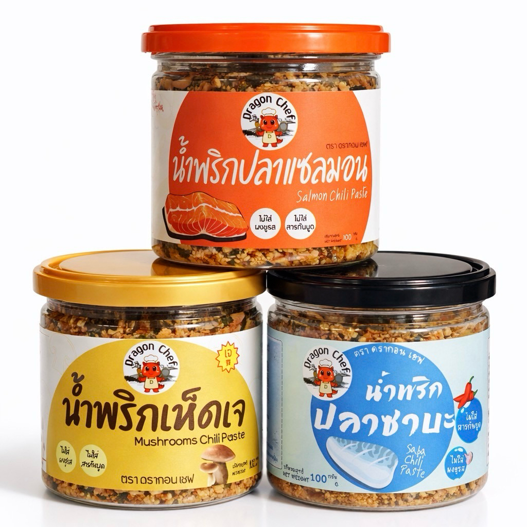 น้ำพริกปลาซาบะ ปลาแซลมอน เห็ดเจ ไม่ใส่ผงชูรส ไม่ใส่สารกันเสีย  100g.