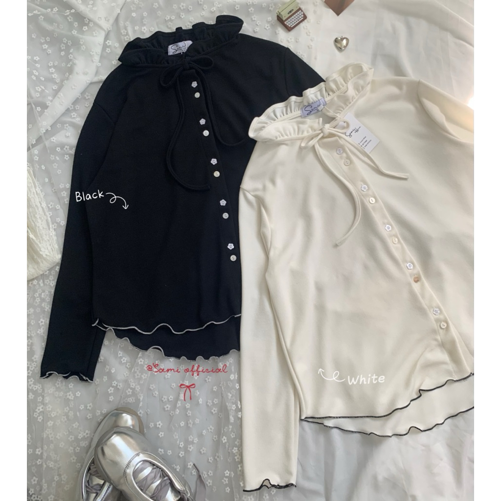 Lovely puff topೀ (สีพื้น) (กระดุมลายดอกไม้+เปลือกหอย)   เสื้อยืดคอรูดผูกโบว์ 𑁤 - รูปที่ 2