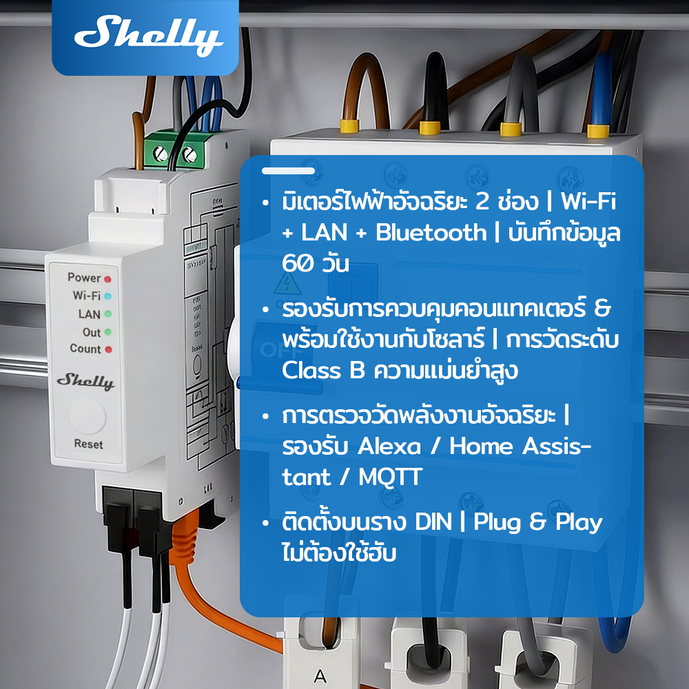 Shelly Pro EM 50A Wifi ติดตั้งบนราง DIN